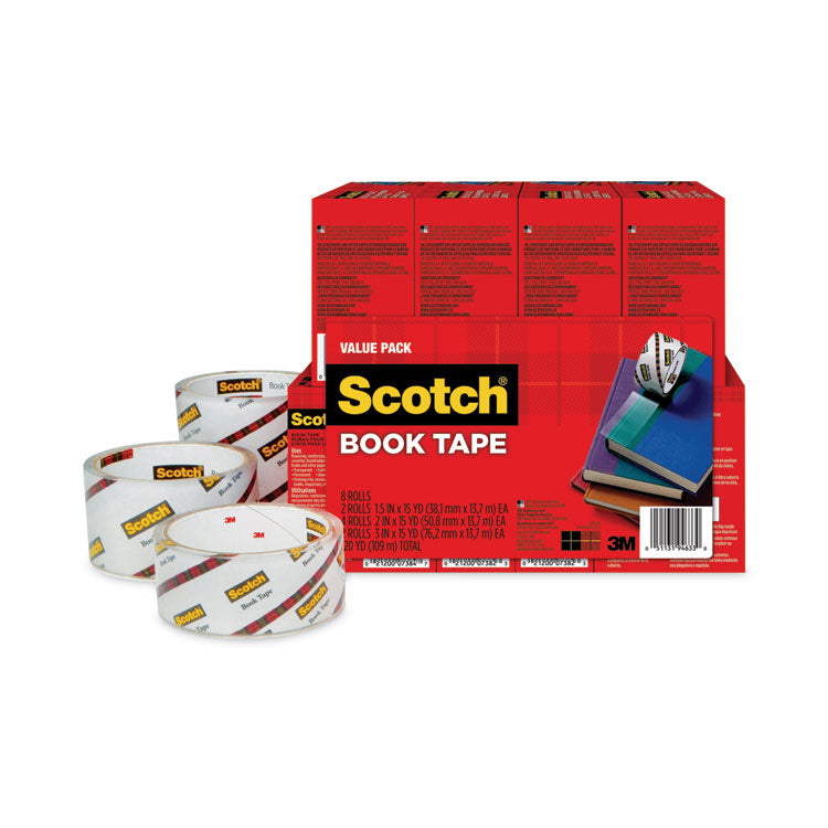 Scotch® Book Tape Value Pack, 3" Core, (2) 1.5" x 15 yds, (4) 2" x 15 yds, (2) 3" x 15 yds, Clear, 8/Pack (MMM845VP)