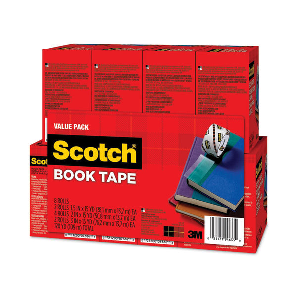 Scotch® Book Tape Value Pack, 3" Core, (2) 1.5" x 15 yds, (4) 2" x 15 yds, (2) 3" x 15 yds, Clear, 8/Pack (MMM845VP)