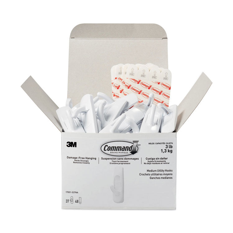 Command™ General Purpose Hooks, Medium, Plastic, White, 3 lb Capacity, 37 Hooks and 48 Strips/Pack (MMM17001S37NA) Pack of 37