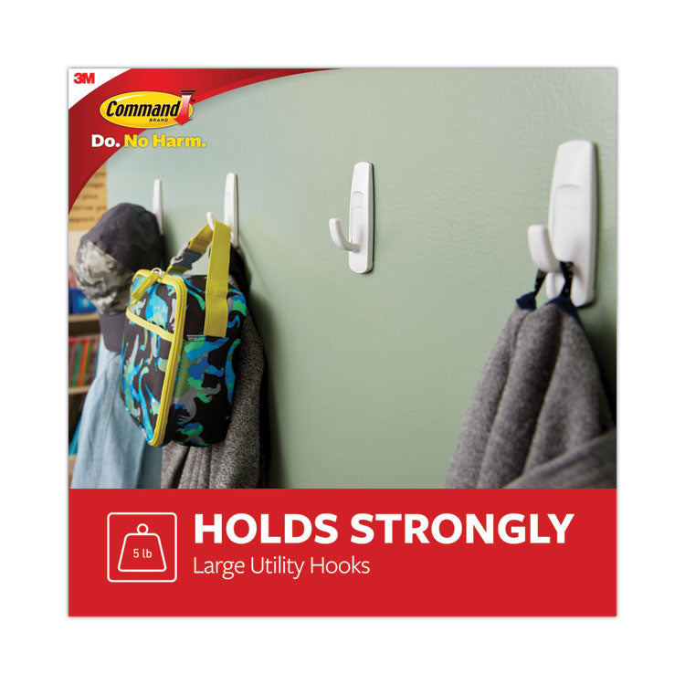 Command™ General Purpose Hooks, Large, Plastic, White, 5 lb Capacity, 1 Hook and 2 Strips/Pack (MMM17003ES) 1 Set