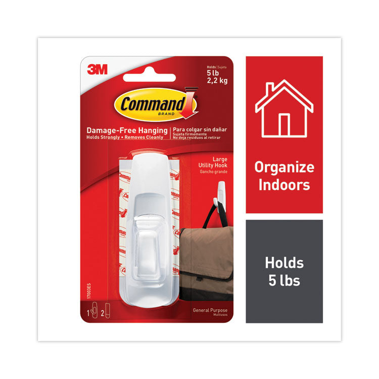Command™ General Purpose Hooks, Large, Plastic, White, 5 lb Capacity, 1 Hook and 2 Strips/Pack (MMM17003ES) 1 Set