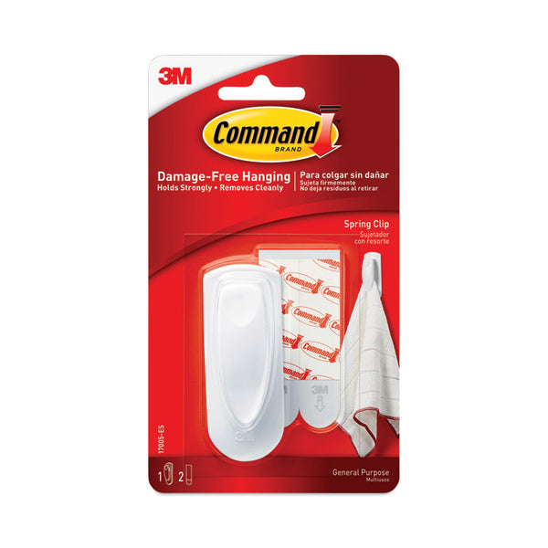 Command™ Spring Hook, Plastic, White, 0.25 lb Capacity, 1 Hook and 2 Strips/Pack (MMM17005ES)