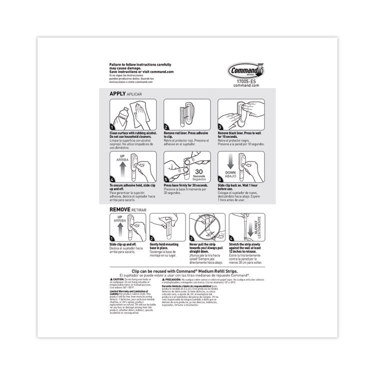 Command™ Spring Hook, Plastic, White, 0.25 lb Capacity, 1 Hook and 2 Strips/Pack (MMM17005ES)