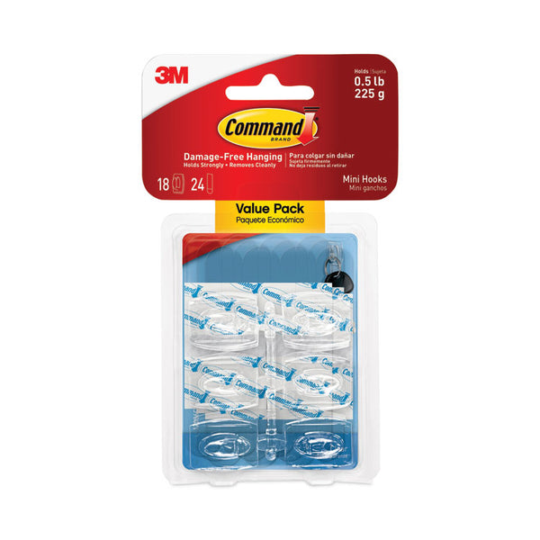 Command™ Clear Hooks and Strips, Mini, Plastic, 0.5 lb Capacity, 18 Hooks and 24 Strips/Pack (MMM17006CLR18ES)