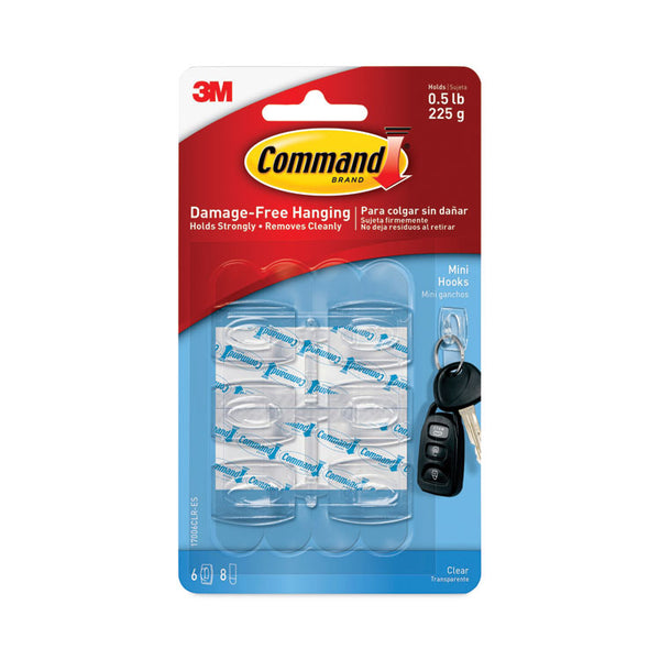 Command™ Clear Hooks and Strips, Mini, Plastic, 0.5 lb Capacity, 6 Hooks and 8 Strips/Pack (MMM17006CLRES)