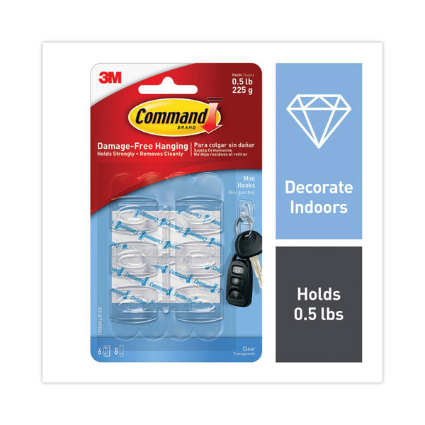 Command™ Clear Hooks and Strips, Mini, Plastic, 0.5 lb Capacity, 6 Hooks and 8 Strips/Pack (MMM17006CLRES)
