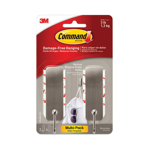 Command™ Decorative Hooks, Medium, Metal, Brushed Nickel, 3 lb Capacity, 2 Hooks and 4 Strips/Pack (MMM17034BN2ES)