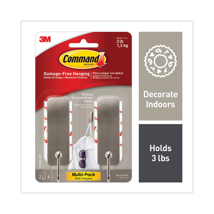 Command™ Decorative Hooks, Medium, Metal, Brushed Nickel, 3 lb Capacity, 2 Hooks and 4 Strips/Pack (MMM17034BN2ES)