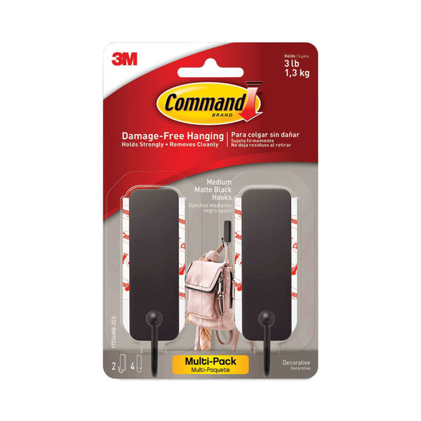 Command™ Decorative Hooks, Medium, Plastic, Matte Black, 3 lb Capacity, 2 Hooks and 4 Strips/Pack (MMM17034MB2ES)