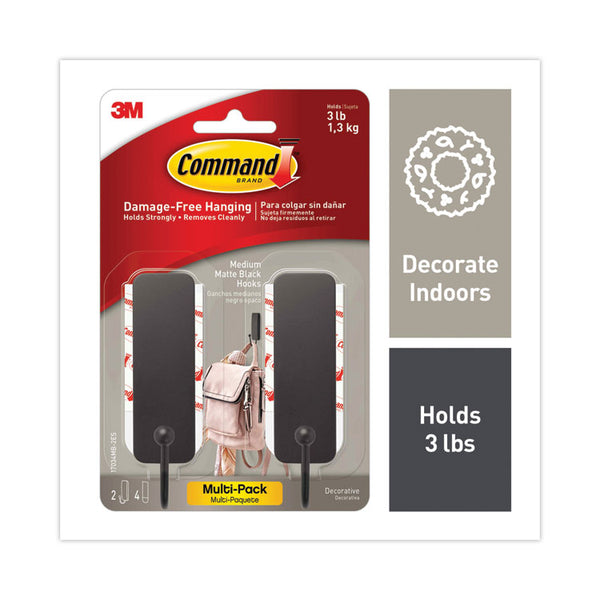 Command™ Decorative Hooks, Medium, Plastic, Matte Black, 3 lb Capacity, 2 Hooks and 4 Strips/Pack (MMM17034MB2ES)