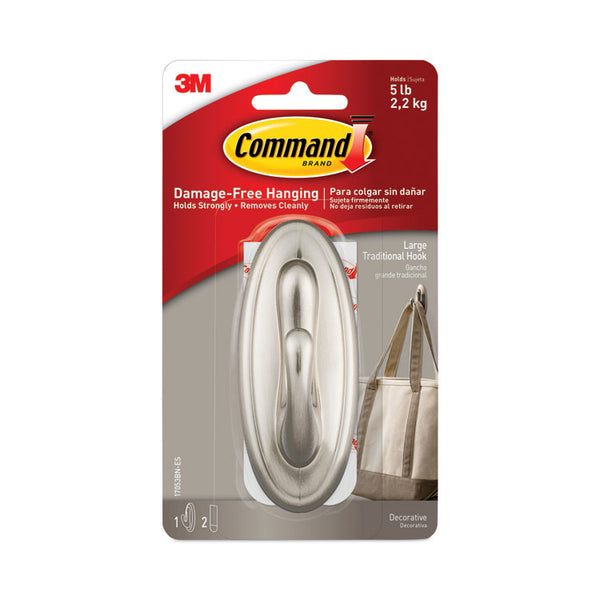 Command™ Decorative Hooks, Traditional, Large, Plastic, Silver, 5 lb Capacity, 1 Hook and 2 Strips/Pack (MMM17053BNES)