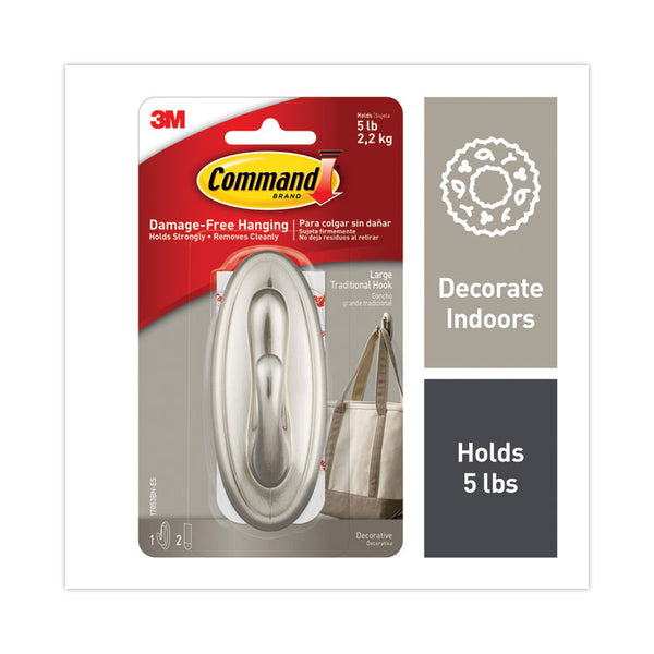 Command™ Decorative Hooks, Traditional, Large, Plastic, Silver, 5 lb Capacity, 1 Hook and 2 Strips/Pack (MMM17053BNES)