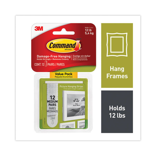 Command™ Picture Hanging Strips, Value Pack, Medium, Removable, Holds Up to 12 lbs, 0.75 x 2.75, White, 12 Pairs/Pack (MMM1720412ES)