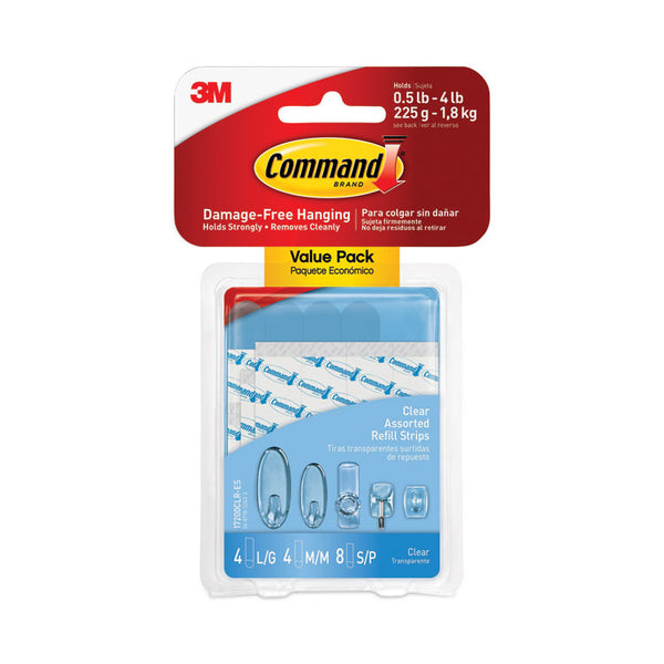 Command™ Assorted Refill Strips, Removable, (8) Small 0.75 x 1.75, (4) Medium 0.75 x 2.75, (4) Large 0.75 x 3.75, Clear, 16/Pack (MMM17200CLRES)