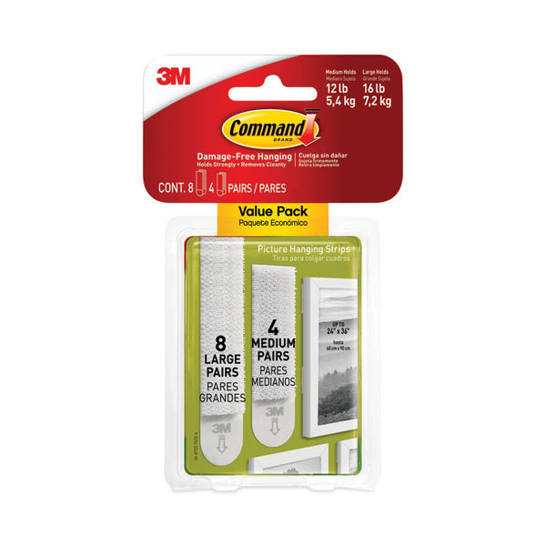 Command™ Picture Hanging Strips, Value Pack, Removable, (8) Large 0.63 x 3.63 Pairs, (4) Medium 0.5 x 2.75 Pairs, White (MMM17209ES)