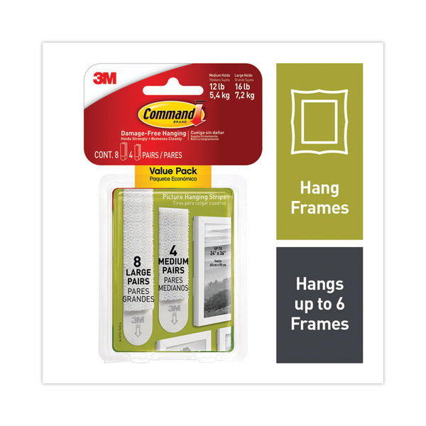 Command™ Picture Hanging Strips, Value Pack, Removable, (8) Large 0.63 x 3.63 Pairs, (4) Medium 0.5 x 2.75 Pairs, White (MMM17209ES)