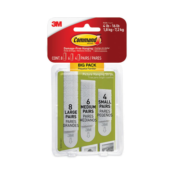 Command™ Picture Hanging Strips Big Pack, Removable, (4) Small, (6) Medium, (8) Large, White, 18 Pairs/Pack (MMM17211BPES)