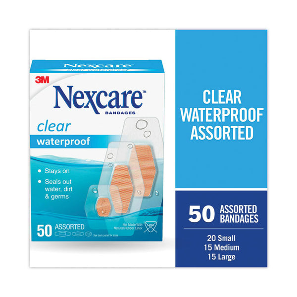3M Nexcare™ Waterproof, Clear Bandages, Assorted Sizes, 50/Box (MMM43250)