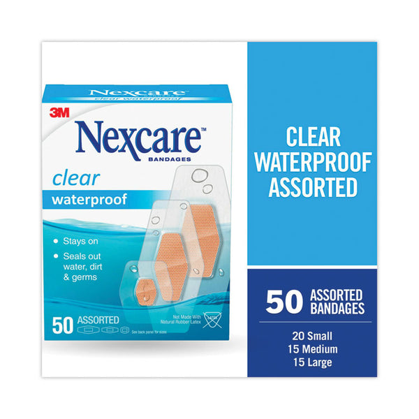 3M Nexcare™ Waterproof, Clear Bandages, Assorted Sizes, 50/Box (MMM43250) Box of 50