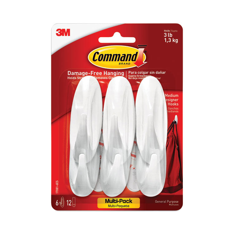 Command™ Designer Hooks, Medium, Plastic, White, 3 lb Capacity, 6 Hooks and 12 Strips/Pack (MMM170816ES)