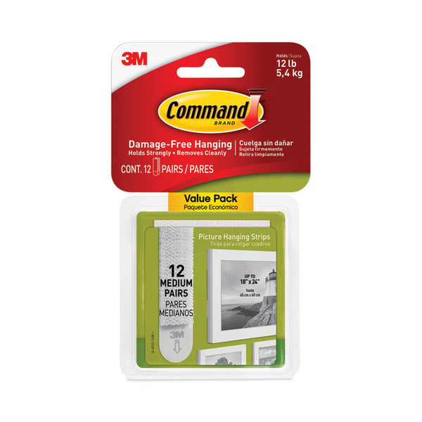 Command™ Picture Hanging Strips, Value Pack, Medium, Removable, Holds Up to 12 lbs, 0.75 x 2.75, White, 12 Pairs/Pack (MMM1720412ES)