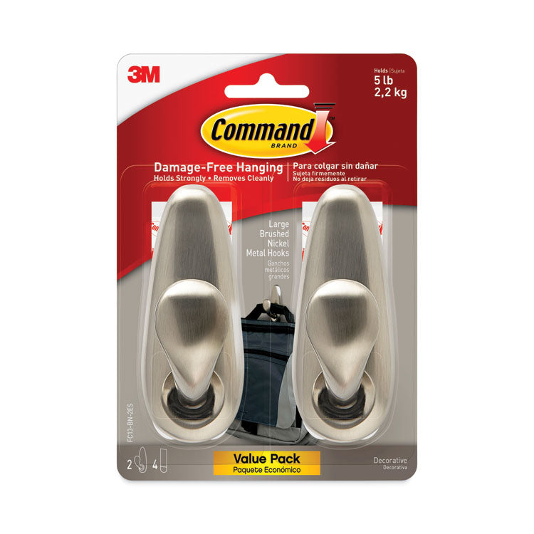 Command™ Adhesive Mount Metal Hook, Large, Brushed Nickel Finish, 5 lb Capacity, 2 Hooks and 4 Strips/Pack (MMMFC13BN2ES) Pack Of 2