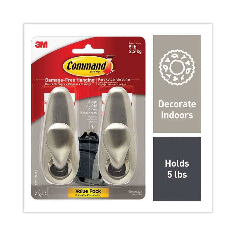 Command™ Adhesive Mount Metal Hook, Large, Brushed Nickel Finish, 5 lb Capacity, 2 Hooks and 4 Strips/Pack (MMMFC13BN2ES) Pack Of 2