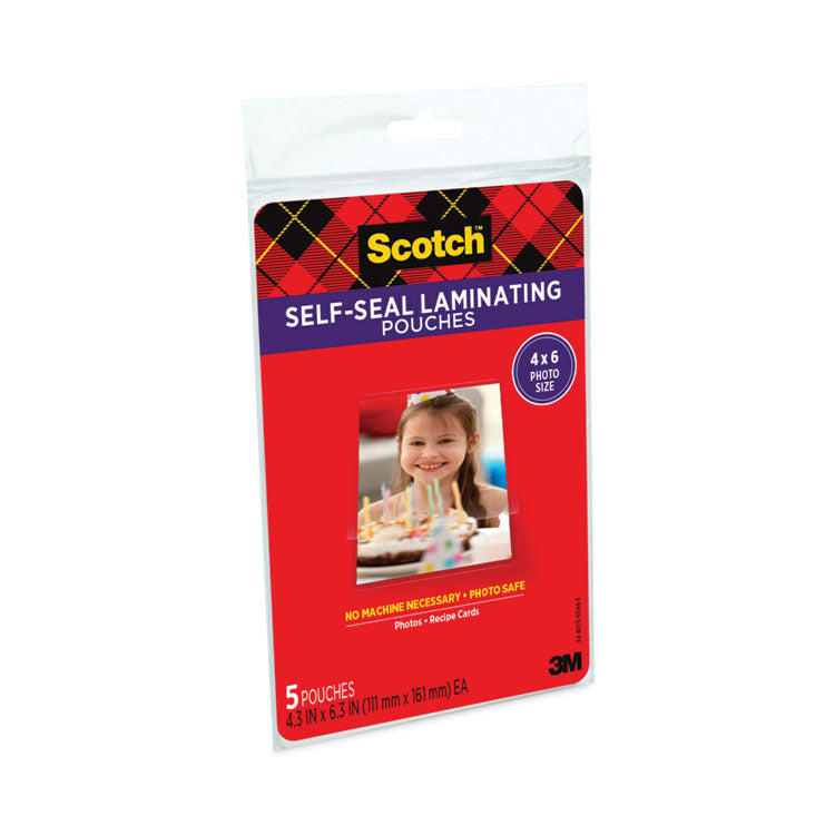 Scotch™ Self-Sealing Laminating Pouches, 9.5 mil, 4.38" x 6.38", Gloss Clear, 5/Pack (MMMPL900G)