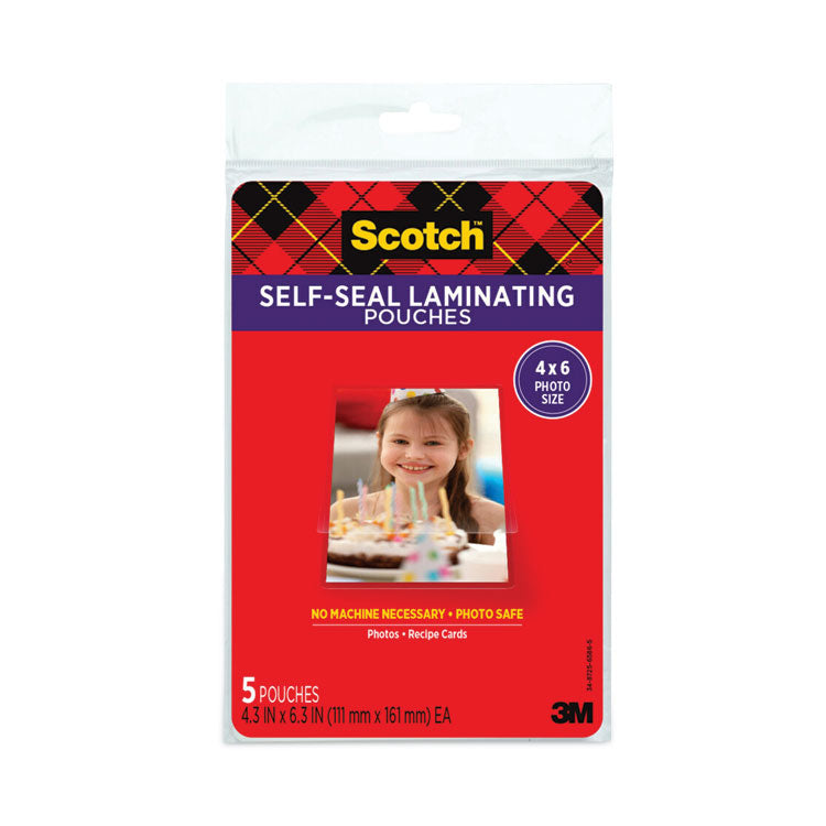 Scotch™ Self-Sealing Laminating Pouches, 9.5 mil, 4.38" x 6.38", Gloss Clear, 5/Pack (MMMPL900G)