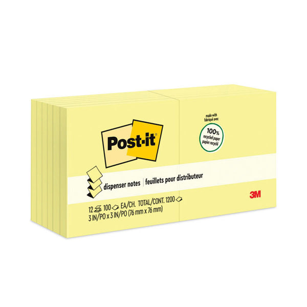 Post-it® Greener Notes Original Recycled Pop-up Notes, 3" x 3", Canary Yellow, 100 Sheets/Pad, 12 Pads/Pack (MMMR330RP12YW)