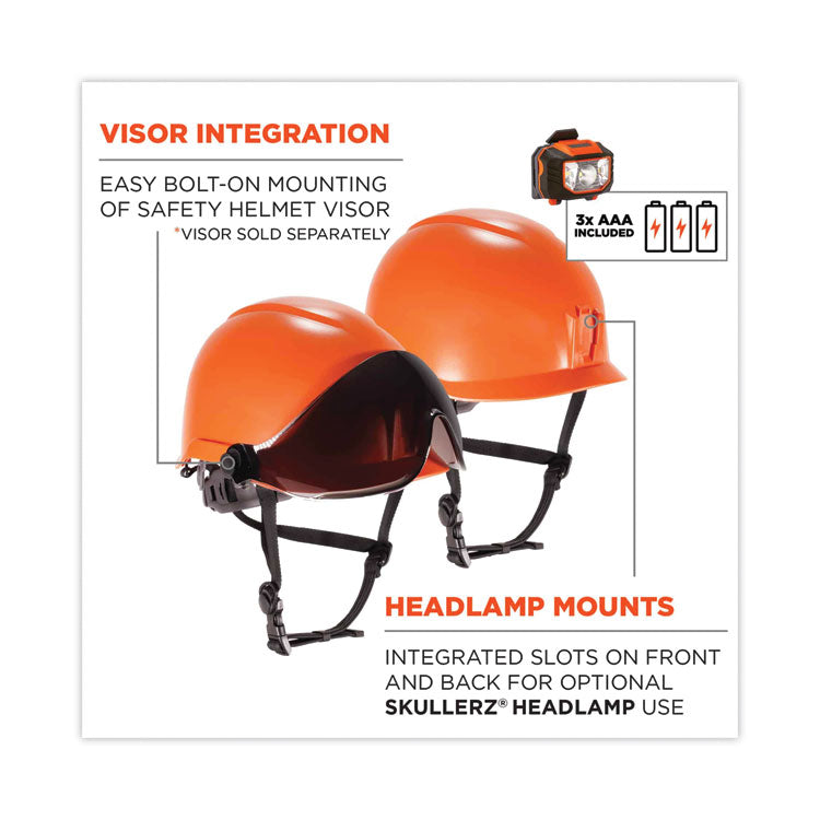 ergodyne® Skullerz 8974LED Class E Safety Helmet w/8981 Universal LED Headlamp, 6-Pt Ratchet Susp, Orange, Ships in 1-3 Business Days (EGO60213) Each