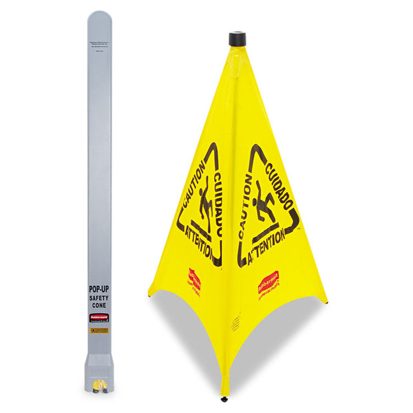 Rubbermaid® Commercial Multilingual Pop-Up Wet Floor Safety Cone, 21 x 21 x 30, Yellow (RCP9S0100YL) Each