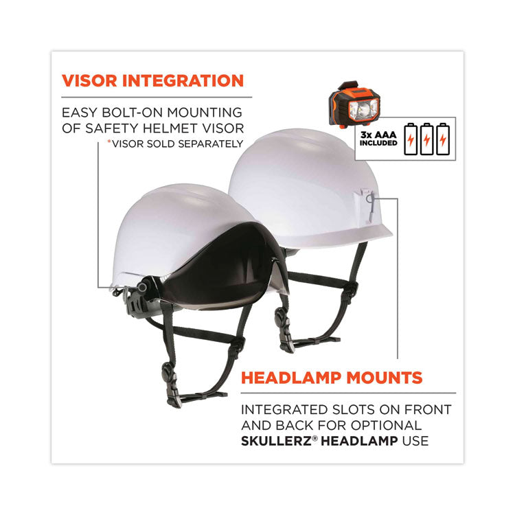 ergodyne® Skullerz 8974LED Class E Safety Helmet w/8981 Universal LED Headlamp, 6-Pt Ratchet Susp, White, Ships in 1-3 Business Days (EGO60201) Each