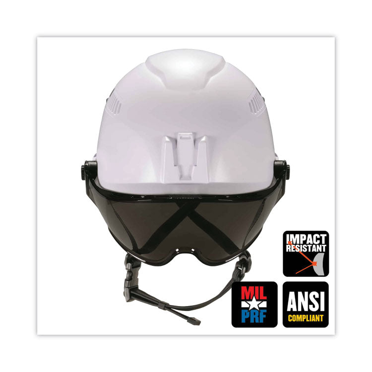 ergodyne® Skullerz 8975V Class C Safety Helmet w/8991 Visor Kit, Smoke Lens, 6-Pt Ratchet Suspension, White, Ships in 1-3 Business Days (EGO60220)