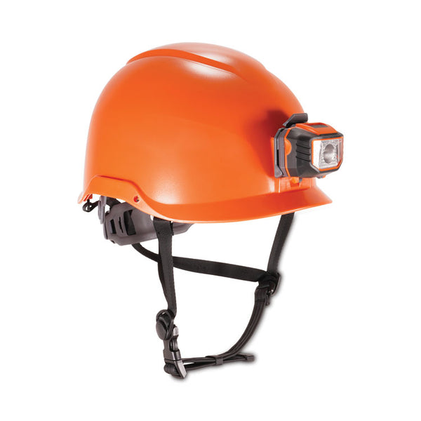 ergodyne® Skullerz 8974LED Class E Safety Helmet w/8981 Universal LED Headlamp, 6-Pt Ratchet Susp, Orange, Ships in 1-3 Business Days (EGO60213)