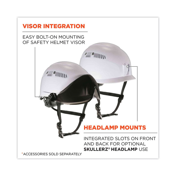 ergodyne® Skullerz 8975V Class C Safety Helmet w/8991 Visor Kit, Smoke Lens, 6-Pt Ratchet Suspension, White, Ships in 1-3 Business Days (EGO60220)