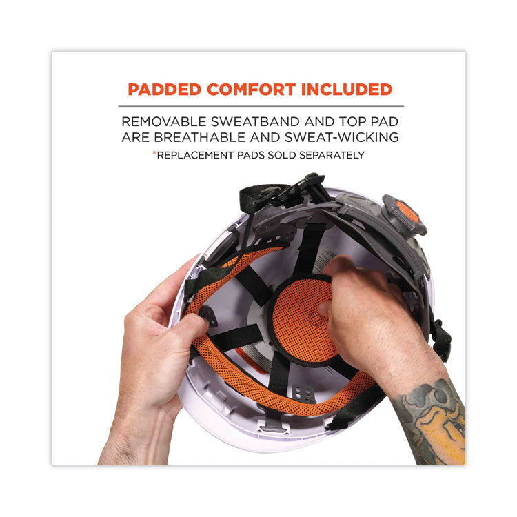 ergodyne® Skullerz 8974LED Class E Safety Helmet w/8981 Universal LED Headlamp, 6-Pt Ratchet Susp, White, Ships in 1-3 Business Days (EGO60201) Each