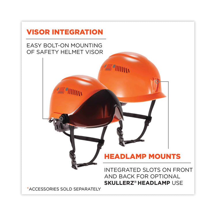 ergodyne® Skullerz 8975V Class C Safety Helmet w/8991 Visor Kit, Smoke Lens, 6-Pt Ratchet Suspension, Orange,Ships in 1-3 Business Days (EGO60222)