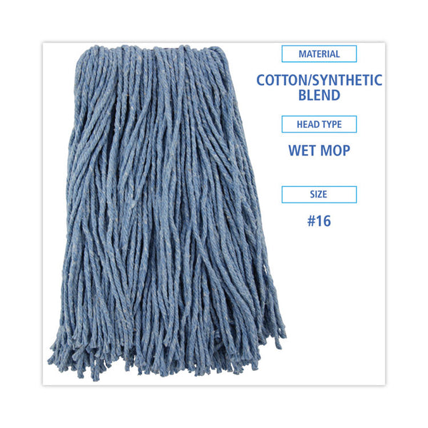 Boardwalk® Mop Head, Standard Head, Cotton/Synthetic Fiber, Cut-End, #16., Blue, 12/Carton (BWK2016B) Case of 12 Mops