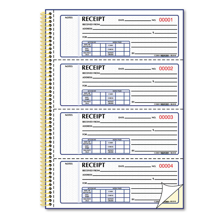 Rediform® Gold Standard Money Receipt Book, Two-Part Carbonless, 7 x 2.75, 4 Forms/Sheet, 300 Forms Total (RED8L810) Each