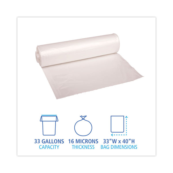 Boardwalk® High Density Industrial Can Liners Coreless Rolls, 33 gal, 16 microns, 33 x 40, Natural, 25 Bags/Roll, 10 Rolls/Carton (BWKRH3340S) Case of 250