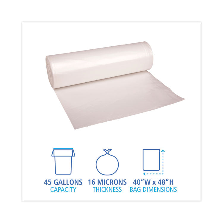 Boardwalk® High Density Industrial Can Liners Coreless Rolls, 45 gal, 16 microns, 40 x 48, Natural, 25 Bags/Roll, 10 Rolls/Carton (BWKRH4048S) Case of 250