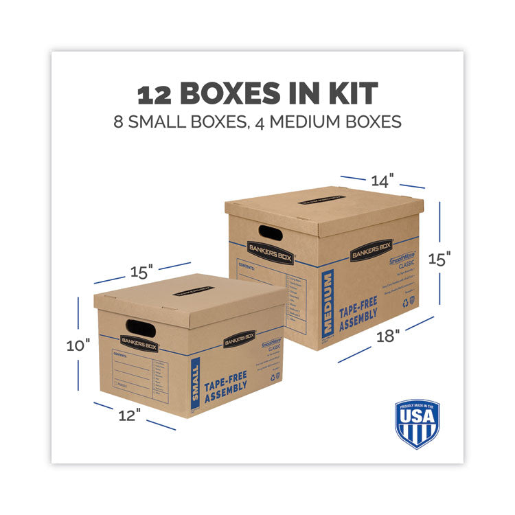 Bankers Box® SmoothMove Classic Moving/Storage Box Kit, Half Slotted Container (HSC), Assorted Sizes: (8) Small, (4) Med, Brown/Blue,12/CT (FEL7716401) Case of 12