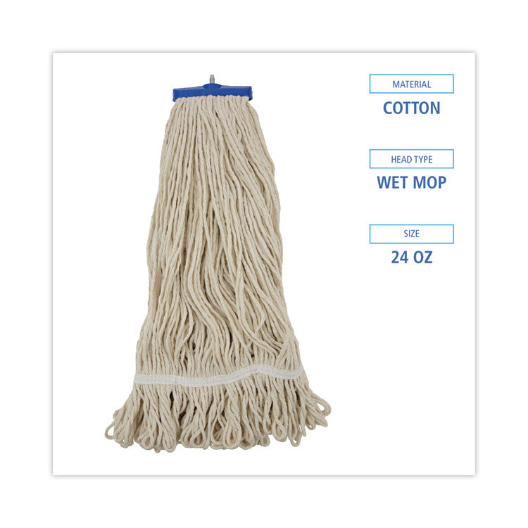 Boardwalk® Mop Head, Lie-Flat Head, Cotton Fiber, 24 oz, White, 12/Carton (BWK824C) Case of 12