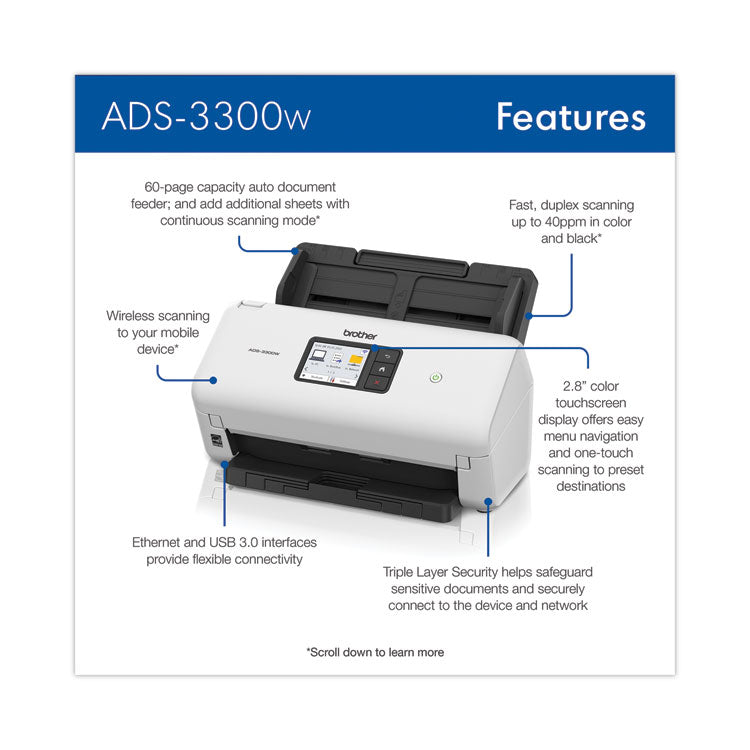 Brother ADS-3300W High-Speed Desktop Scanner, 600 dpi Optical Resolution, 60-sheet ADF (BRTADS3300W)