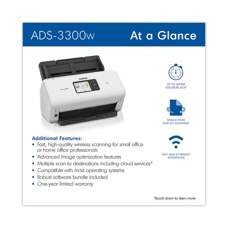 Brother ADS-3300W High-Speed Desktop Scanner, 600 dpi Optical Resolution, 60-sheet ADF (BRTADS3300W)