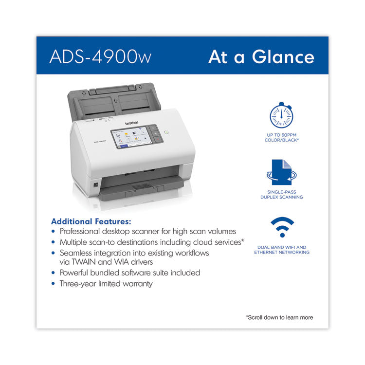 Brother ADS-4900W Professional Desktop Scanner, 600 dpi Optical Resolution, 100-Sheet Auto Document Feeder (BRTADS4900W)