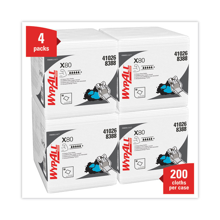 WypAll® Power Clean X80 Heavy Duty Cloths, 1/4 Fold, 12.5 x 12, White, 50/Box, 4 Boxes/Carton (KCC41026)