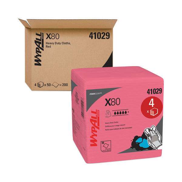 WypAll® Power Clean X80 Heavy Duty Cloths,, 12.5 x 12, Red, 50/Box, 4 Boxes/Carton (KCC41029)