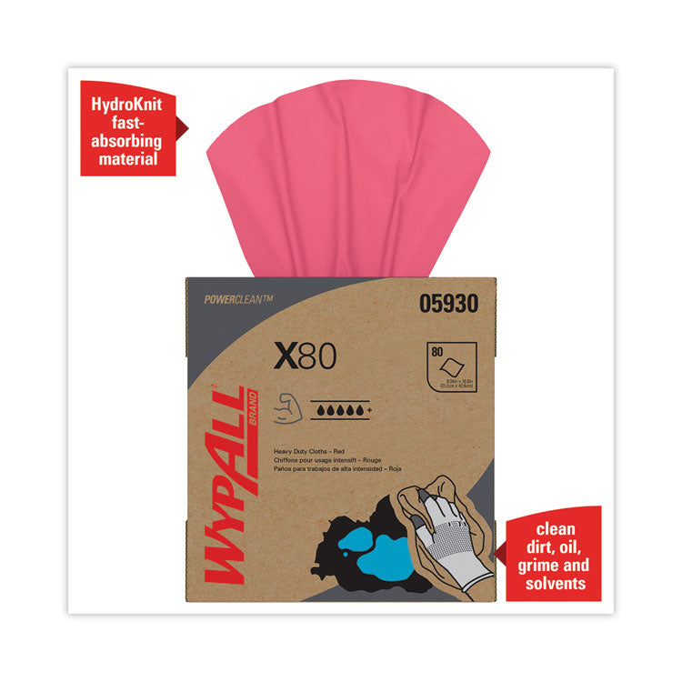 WypAll® X80 Cloths, HYDROKNIT, POP-UP Box, 8.34 x 16.8, Red, 80/Box, 5 Box/Carton (KCC05930)